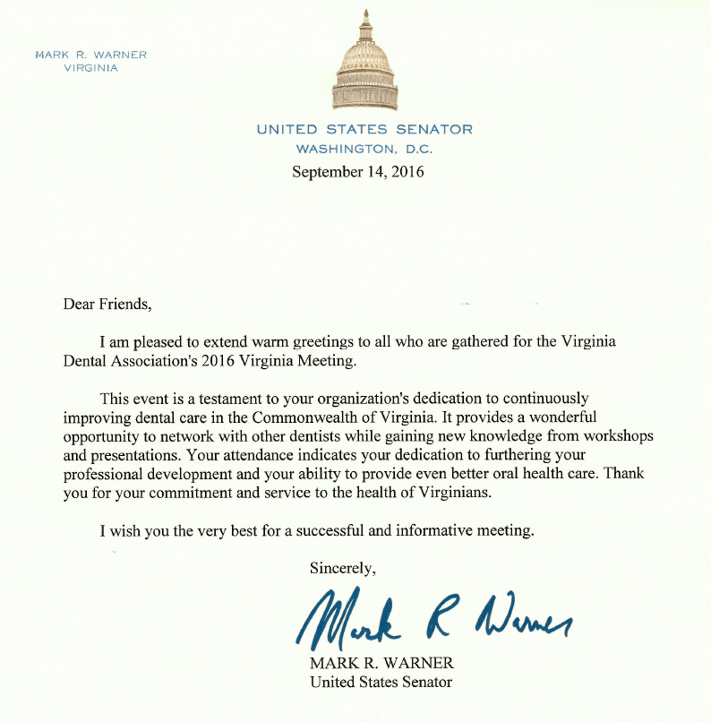 Letter from Senator Warner